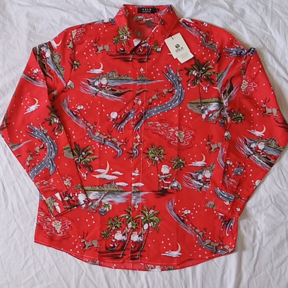 SSLR Men's Christmas Casual Button Down Shirt Size L Red